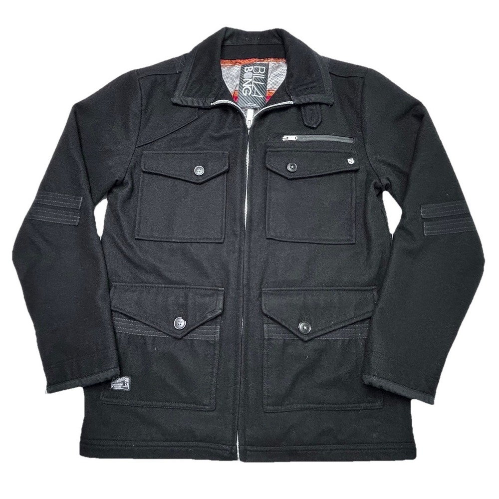 Billabong Wool Blend Jacket Mens L Black Military Utility Coat Surf Zip